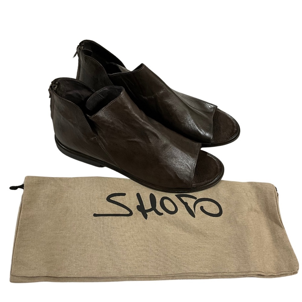 Shoto Brown Leather Peep Toe Boot, New in Box